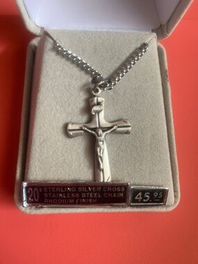 Sterling Silver Cross Stainless Steel Necklace 20” New